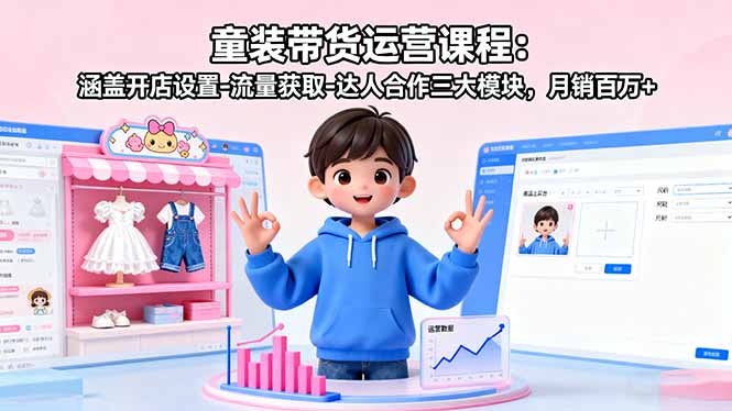 童装带货运营课程:涵盖开店设置-流量获取-达人合作三大模块,月销百万+-智库云网创