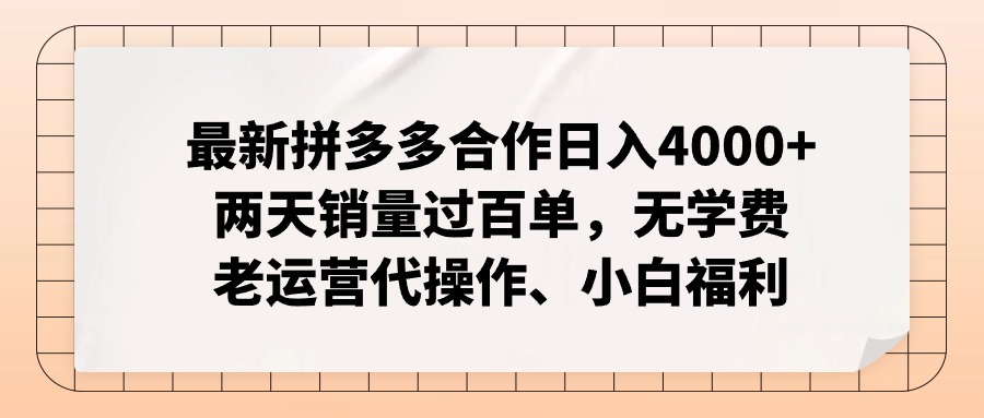 拼多多最新合作日入4000+两天销量过百单,无学费、老运营代操作、小白福利-智库云网创