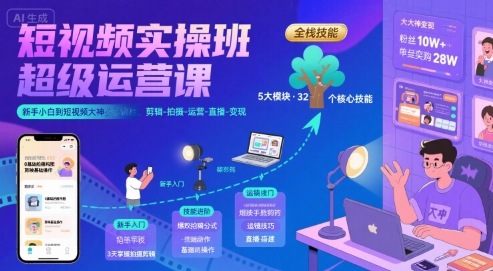 短视频实操班超级运营课,新手小白到短视频大神必修课程,剪辑-拍摄-运营-直播-变现-智库云网创