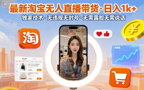 最新淘宝无人直播带货,日入1k+,独家技术,无违规无封号,无需露脸无需说话【揭秘】-智库云网创