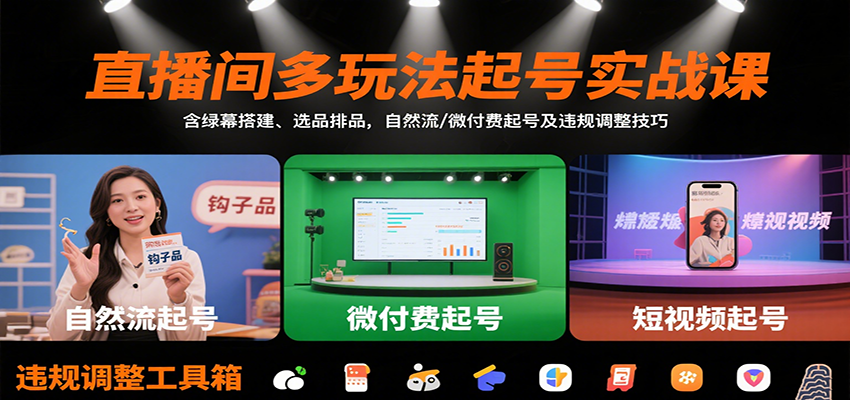 直播间多玩法起号实战课:含绿幕搭建、选品排品,自然流/微付费起号及违规调整技巧-智库云网创