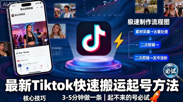 最新Tiktok快速搬运快速起号方法,3-5分钟做一条,起不来的号可以试试-智库云网创