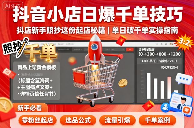 抖音小店日爆千单技巧,抖店新手照抄这份起店秘籍,单日破千单-智库云网创