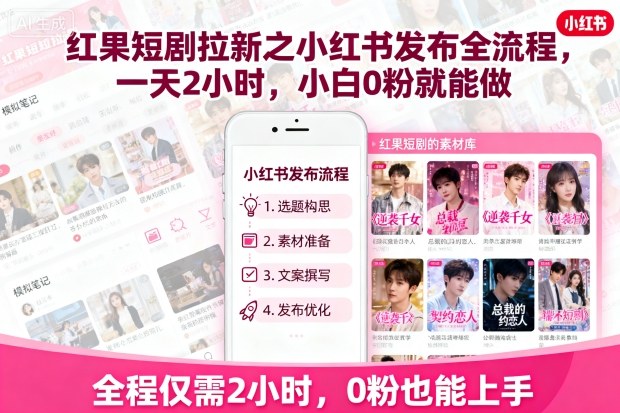 红果短剧拉新之小红书发布全流程,一天2小时,小白0粉就能做-智库云网创