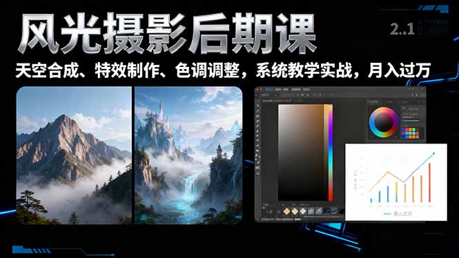 风光摄影后期课,一键换天空合成、特效制作、色调调整,月入过万-智库云网创