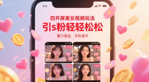 四开屏美女视频玩法,引s粉轻轻松松,暴力掘金,手机操作【揭秘】-智库云网创