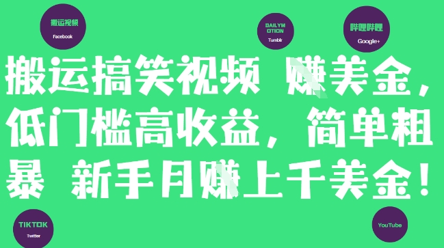 搬运搞笑视频挣美金,低门槛高收益,简单粗暴新手月入上千美刀-智库云网创