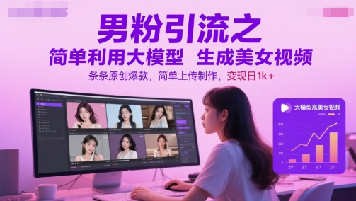 男粉引流之简单利用大模型生成美女视频,条条原创爆款,简单上传制作,变现日1k+-智库云网创
