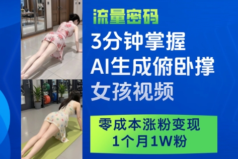 3分钟掌握AI生成俯卧撑女孩视频,零成本涨粉变现,1个月1W粉-智库云网创