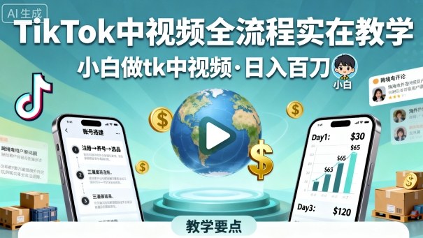 TikTok中视频全流程实操教学,小白做tk中视频,日入百刀-智库云网创
