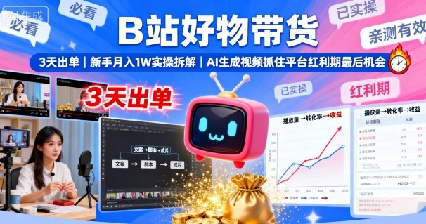B站好物带货,3天出单,新手月入1W实操拆解,AI生成视频,抓住平台红利期最后机会-智库云网创