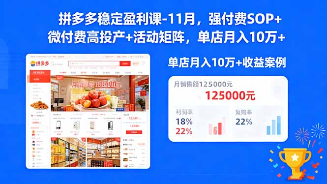 拼多多稳定盈利课-11月,强付费SOP+微付费高投产+活动矩阵,单店月入10万+-智库云网创