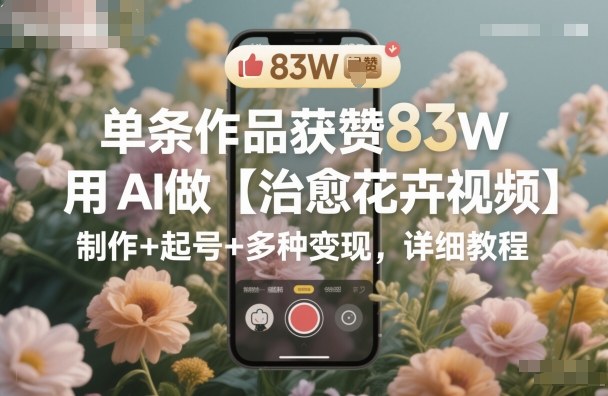 单条作品获赞83W,用AI做【治愈花卉视频】,制作+起号+多种变现,详细教程-智库云网创
