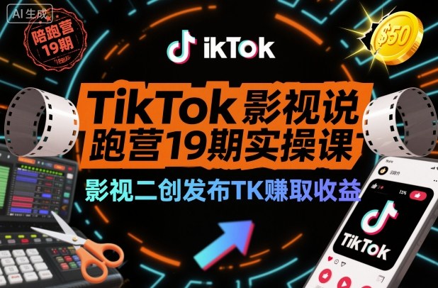 TikTok影视解说陪跑营19期实操课,影视二创发布TK賺取收益,万播收益50美金-智库云网创