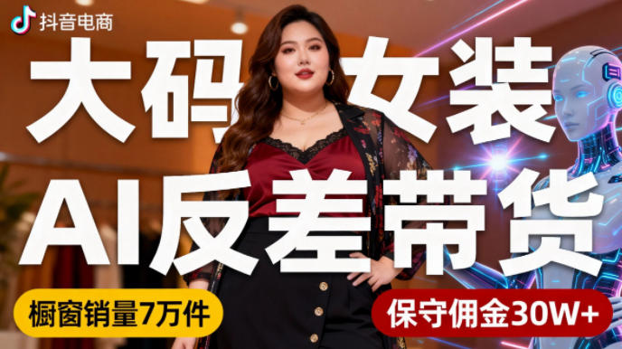 抖音小众赛道,大码女装AI反差带货,不用直播,每天6条作品,橱窗卖7万件,保守佣金30W+-智库云网创