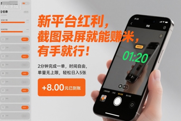 新平台红利,截图录屏就能賺米,有手就行!2分钟完成一单,时间自由,单量无上限,轻松日入5张【揭秘】-智库云网创