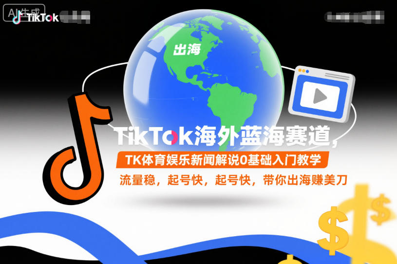 TikTok海外蓝海赛道,TK体育娱乐新闻解说0基础入门教学,流量稳,起号快,带你出海賺美刀-智库云网创