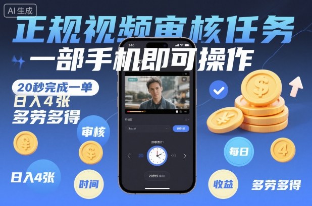 正规视频审核任务,一部手机即可操作,20秒完成一单,日入4张,多劳多得【揭秘】-智库云网创