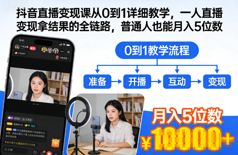 抖音直播变现课从0到1详细教学,一人直播变现拿结果的全链路,普通人也能月入5位数-智库云网创