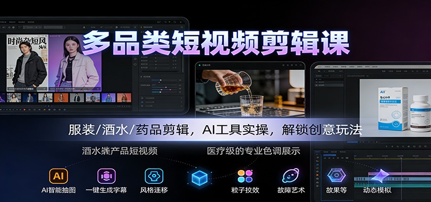 多品类短视频剪辑课:服装/酒水/药品剪辑,AI工具实操,解锁创意玩法-智库云网创