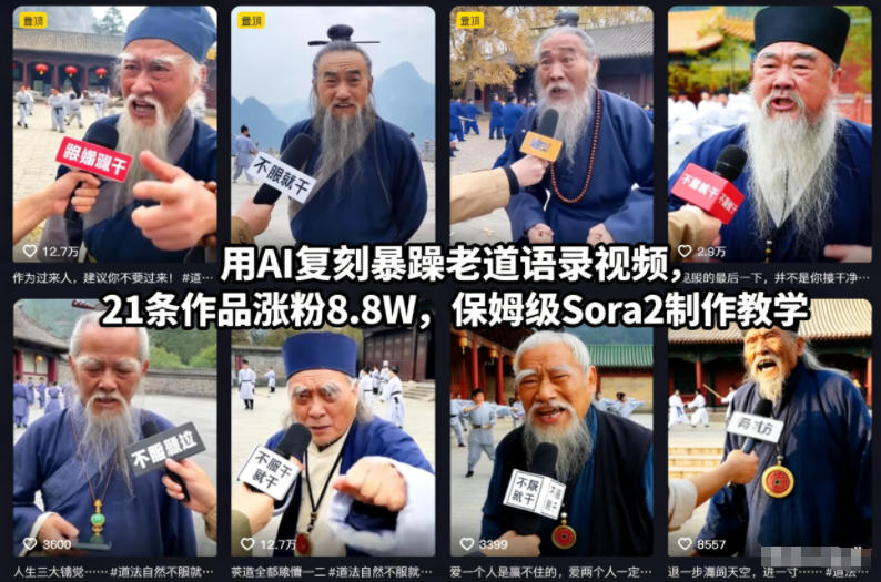 用AI复刻暴躁老道语录视频,21条作品涨粉8.8W,保姆级Sora2制作教学-智库云网创