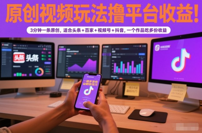 原创视频玩法撸平台收益,3分钟一条原创,适合头条+百家+视频号+抖音,一个作品吃多份收益-智库云网创