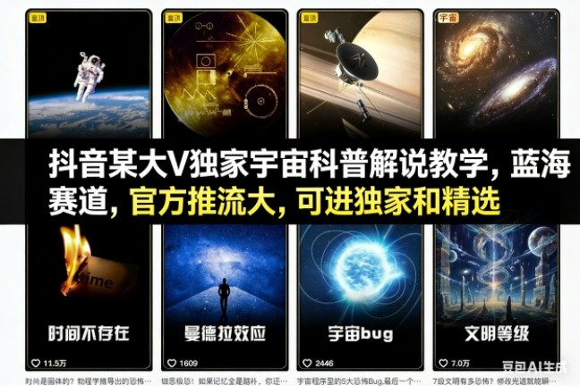 抖音某大V独家宇宙科普解说教学,蓝海赛道,官方推流大,可进独家和精选-智库云网创