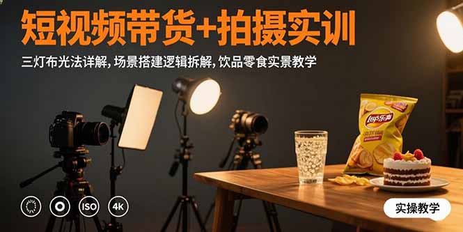 短视频带货+拍摄实训：三灯布光法详解,场景搭建逻辑拆解,饮品零食实景教学-智库云网创