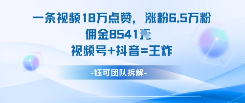 一条视频18W点赞，涨粉6.5W粉佣金8541米，视频号+抖音=王炸-智库云网创