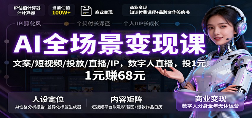 AI全场景变现课：文案/短视频/投放/直播/IP，数字人直播，投1元赚68元-智库云网创