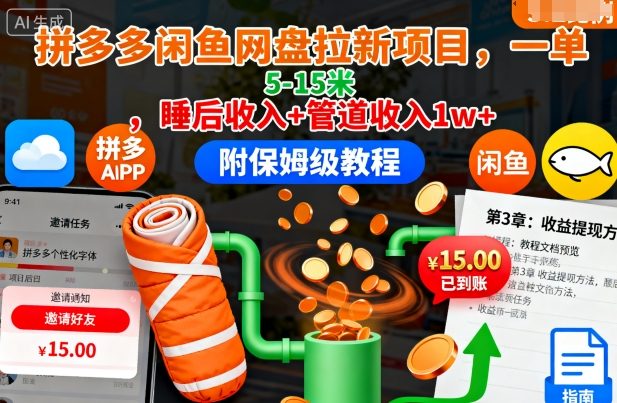 拼多多闲鱼网盘拉新项目，一单5-15米，睡后收入+管道收入1w+(附保姆级教程)-智库云网创