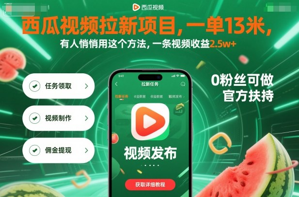 西瓜视频拉新项目，一单13米，有人悄悄用这个方法，一条视频收益2.5w+(附详细教程)-智库云网创