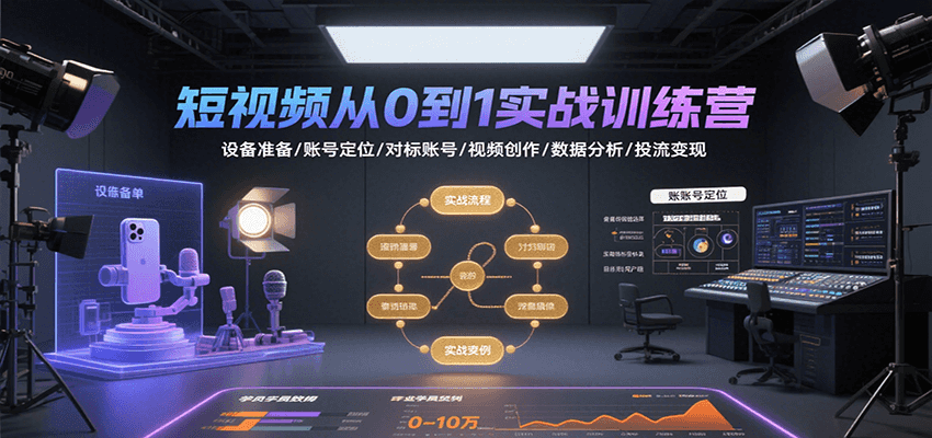 短视频从0到1实战训练营：设备准备/账号定位/对标账号/视频创作/数据分析/投流变现-智库云网创