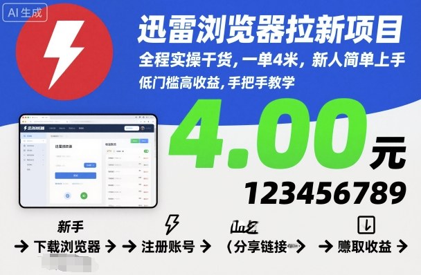迅雷浏览器拉新项目，全程实操干货，一单4米，新人简单上手-智库云网创