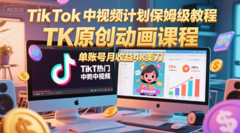 TikTok中视频计划保姆级教程，TK原创动画课程，单账号月收益4k美刀-智库云网创