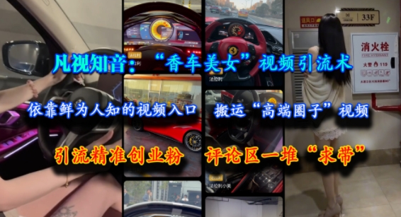 凡视知音：“香车美女”视频引流术，依靠鲜为人知的视频入口，搬运“高端圈子”视频，引流精准创业粉，评论区一堆“求带”-智库云网创