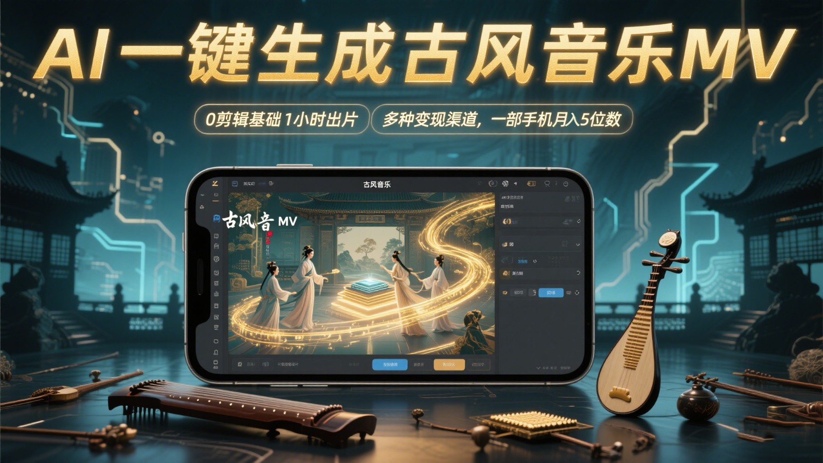 AI一键生成古风音乐MV，0剪辑基础1小时出片，多种变现渠道，一部手机月入5位数-智库云网创