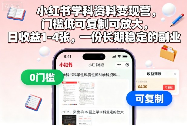 小红书学科资料变现营，门槛低可复制可放大，日收益1-4张，一份长期稳定的副业-智库云网创
