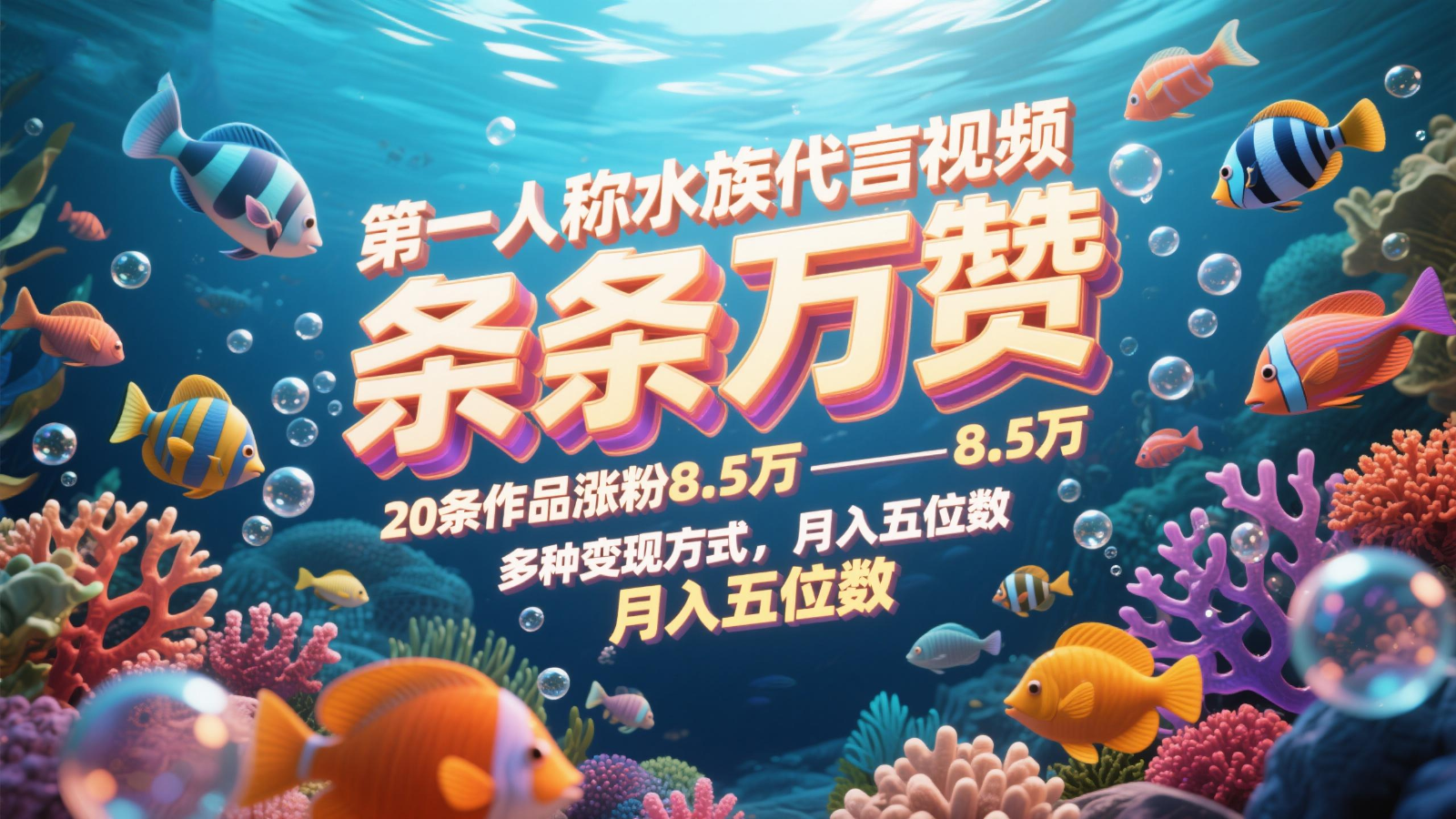 第一人称水族代言视频，条条万赞，20条作品涨粉8.5万，多种变现方式月，入五位数-智库云网创