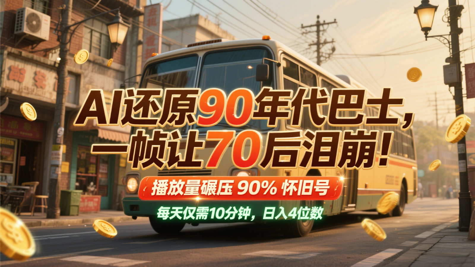 AI还原90年代巴士，一帧让70后泪崩！播放量碾压90%怀旧号，每天10分钟，日入4位数-智库云网创
