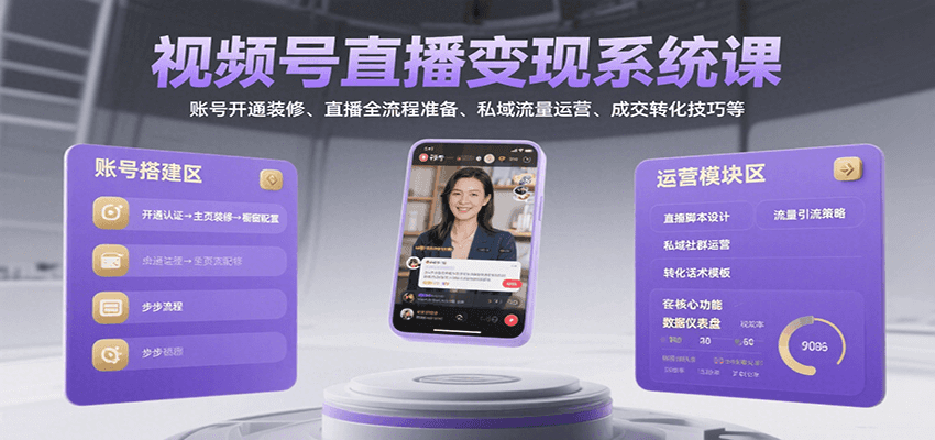 视频号直播变现系统课，账号开通装修、直播全流程准备、私域流量运营、成交转化技巧等-智库云网创