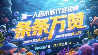 第一人称水族代言视频，条条万赞，20条作品涨粉7.8W，多种变现方式月入五位数-智库云网创