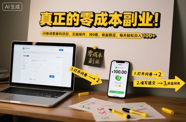 真正的零成本副业！问卷调查暴利项目，无脑操作，纯0撸，收益稳定，每天轻松日入100+【揭秘】-智库云网创