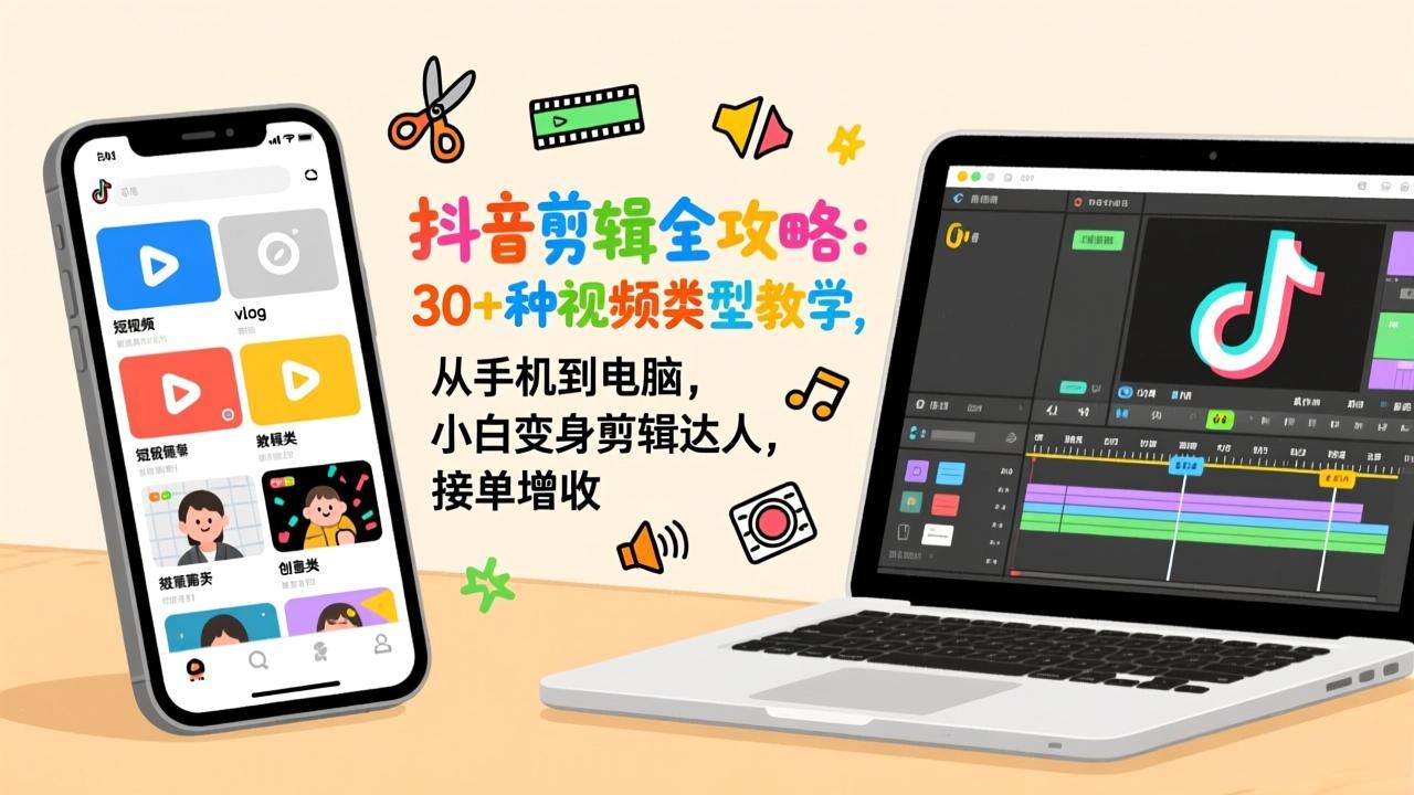 抖音剪辑全攻略：30+种视频类型教学，从手机到电脑，小白变身剪辑达人，接单增收-智库云网创